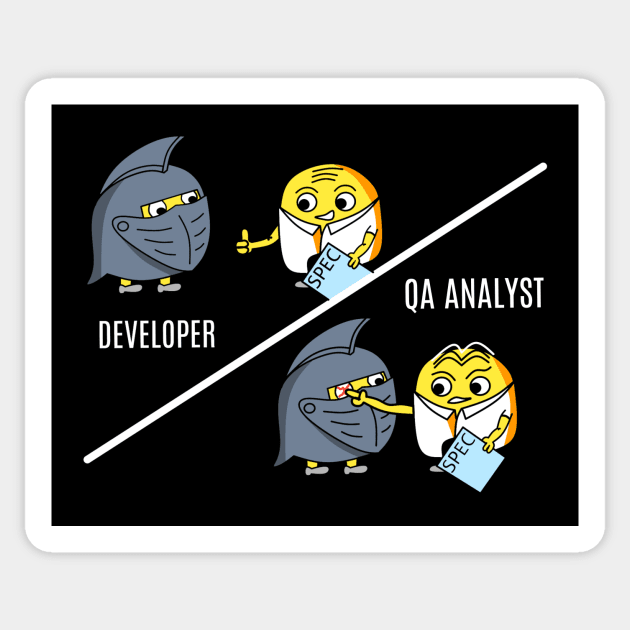 QA analyst evaluating a new design from a developer Sticker by manwel_ds